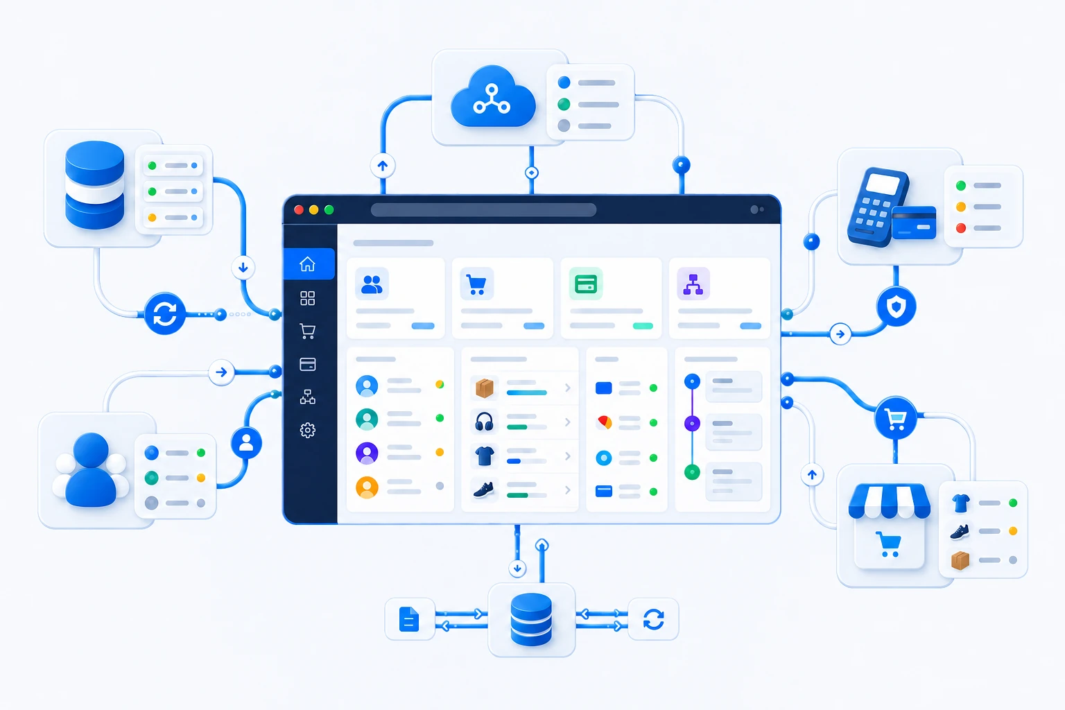Custom business system connected with APIs, payments, databases and e-commerce